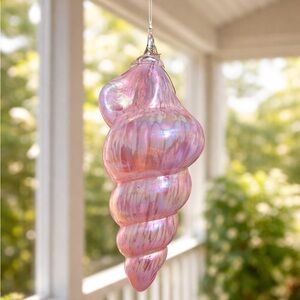 Hand Blown Iridescent Pink Glass Conch Shell Hanging Decor